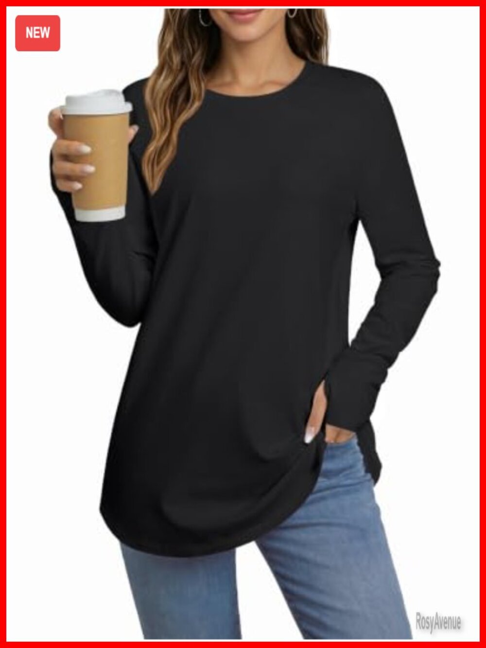 Cotton Blend Tunic Top Long Sleeve Thumb Hole Loose Fit Curved Hem